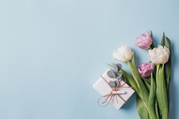 Violette und weiße Tulpen und Geschenkboxen auf einem blauen Hintergrund.