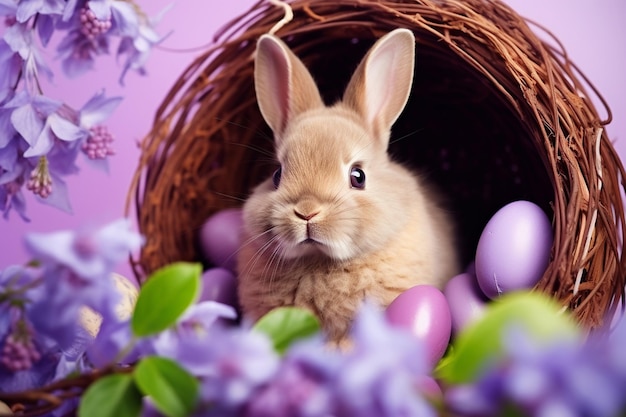 Foto violetter hintergrund für ostern mit einem lustigen kaninchen