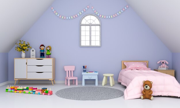 Violetter Kinderrauminnenraum unter dem Dach