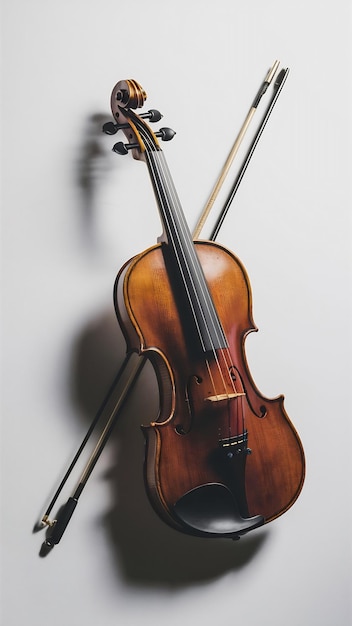 Violín y arco sobre fondo blanco