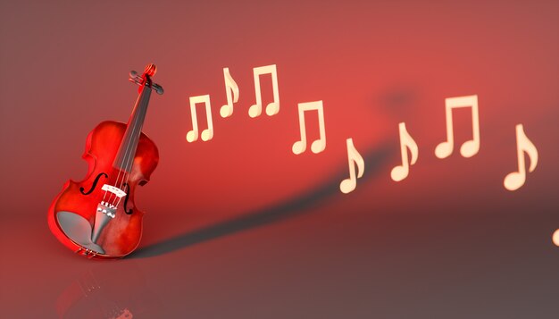 Violín clásico sobre un fondo rojo, ilustración 3d