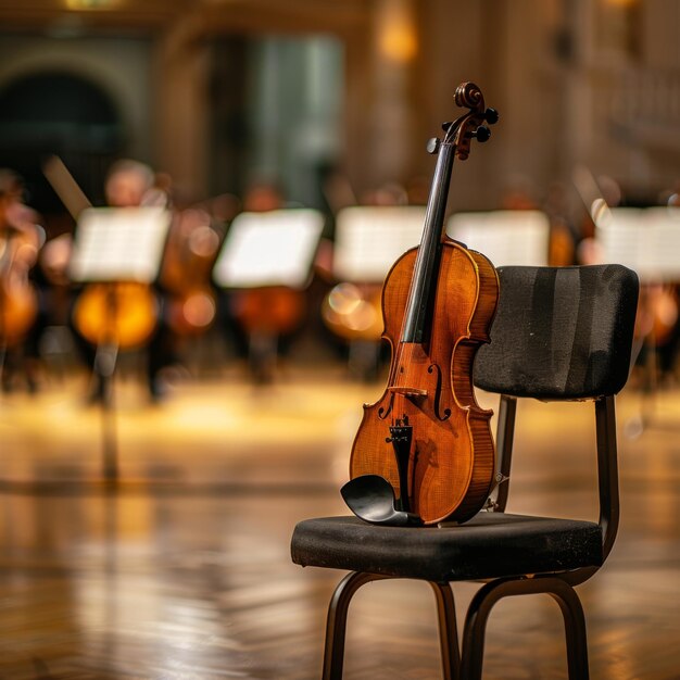 Un violín colocado en una silla en la habitación donde toca la orquesta