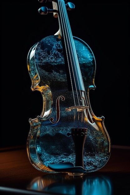 Un violín con un cuenco de cristal azul lleno de agua.