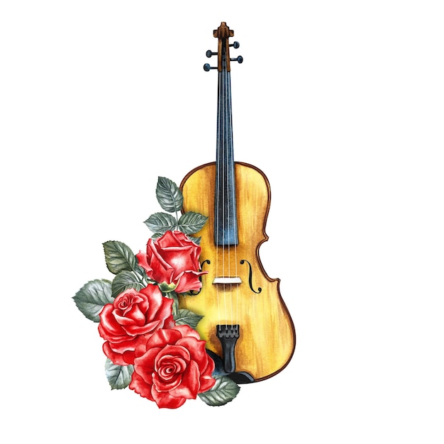 Un violín decorado con rosas rojas. La ilustración en acuarela son pegatinas y estampados dibujados a mano.