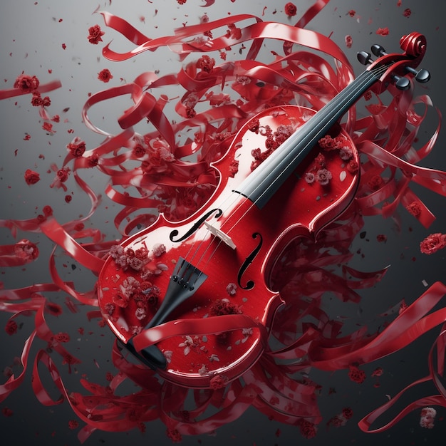 Violín decorativo con fondo rojo y manchas de tinta