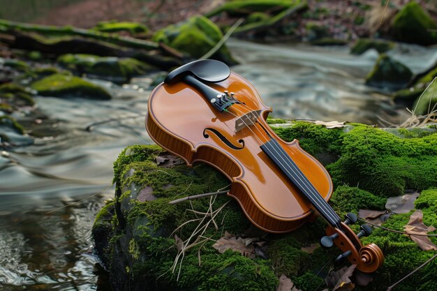 El violín descansando en una roca de musgo al lado de un arroyo