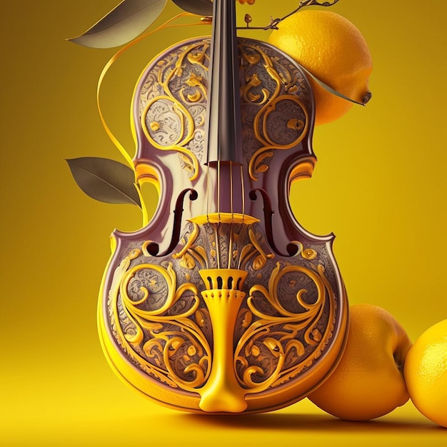 Un violín con un diseño decorativo y un limón encima.