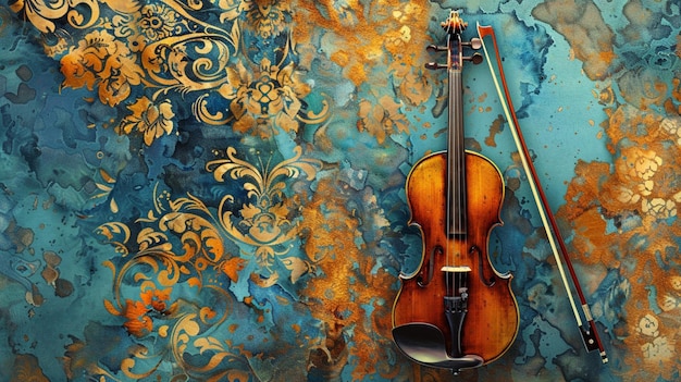 un violín está en un fondo azul y dorado con un arco dorado