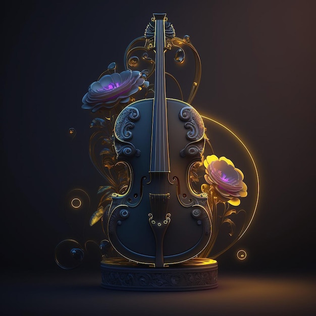 Un violín con una flor y un fondo negro.