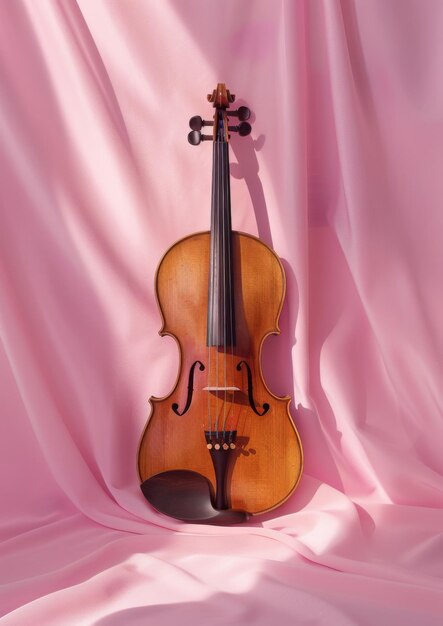 Violín de madera sobre un fondo rosado