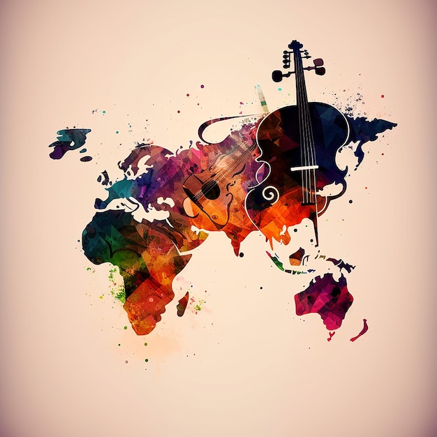 Un violín con un mapa del mundo y la palabra violín en él.