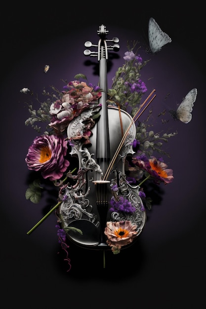 Un violín con una mariposa y un violín en la base.