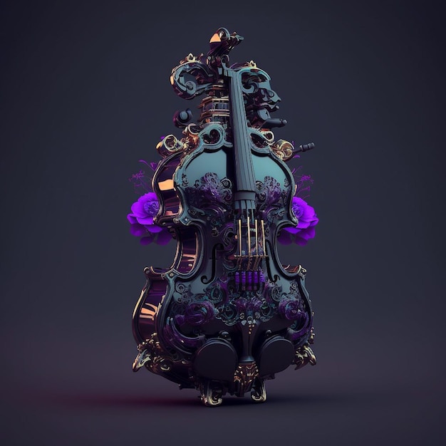 Un violín morado con flores moradas.