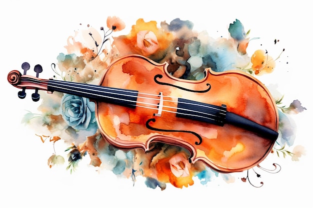 Un violín con rosas y flores azules.