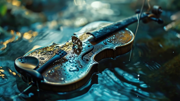 Violín sentado en el agua Instrumento musical sumergido en el medio acuático