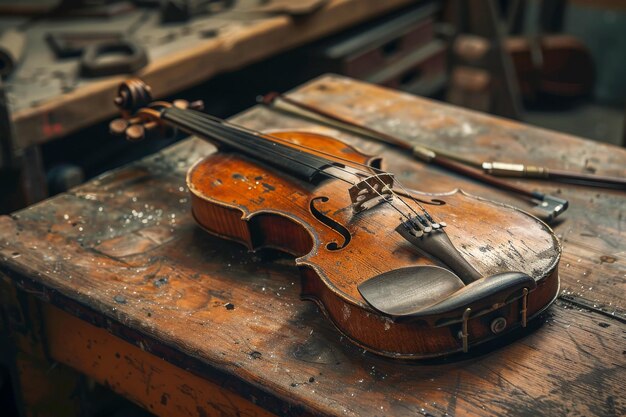 Foto un violín está sentado en una mesa de madera