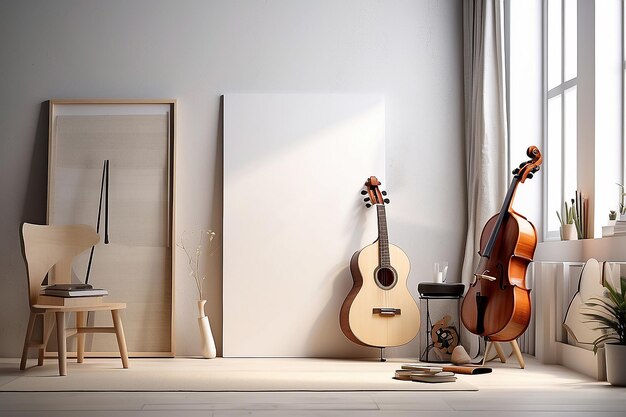 un violín se sienta frente a una pared con una imagen de un violín