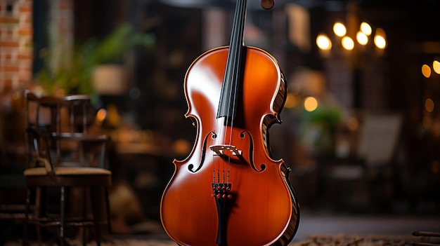 Foto violín en una silla de madera sobre un fondo de madera