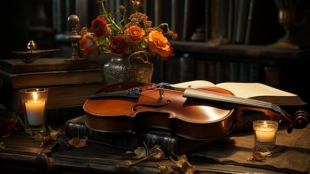 Foto violín con vela encendida en la habitación