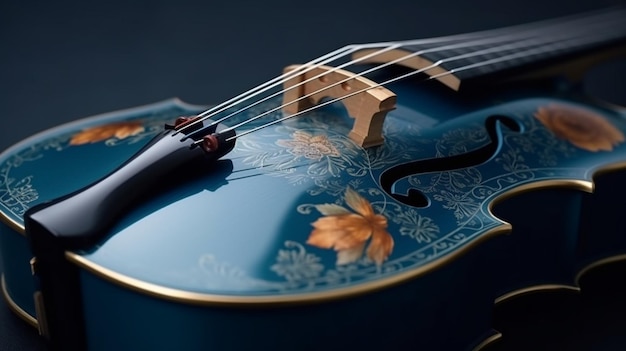 Violine auf blauem Hintergrund mit blauem Vorhang, Nahaufnahme, generative KI