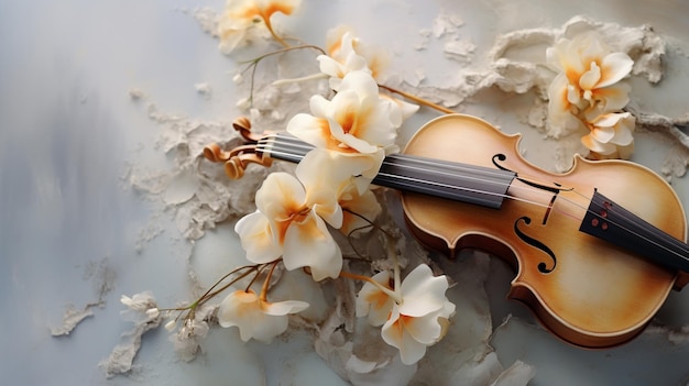 Violines viejos y flor de orquídea blanca vista superior primer plano sobre fondo de hormigón claro