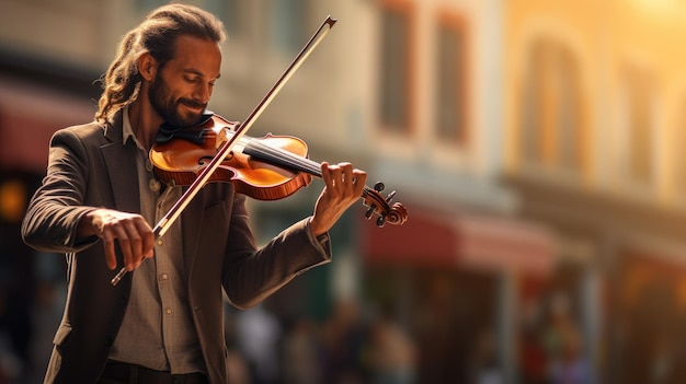 Un violinista callejero actuando apasionadamente en un cálido entorno urbano