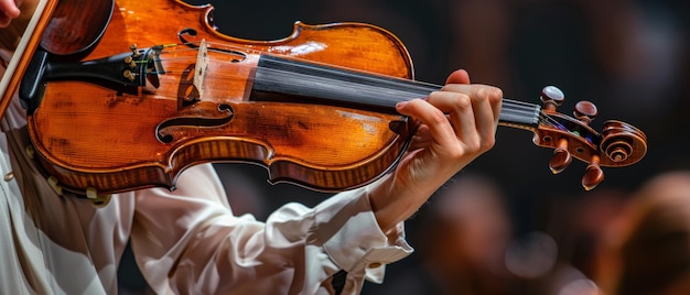 violinista en un concierto de mano de cerca con música sinfónica