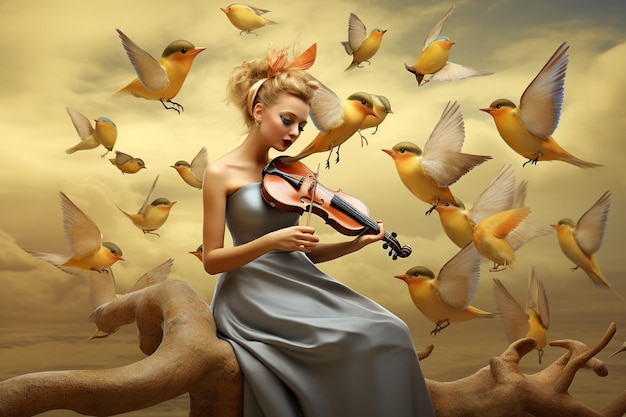 Un violinista sinfónico surrealista Conjuring Birds