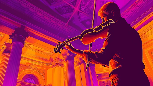 Foto un violinista está tocando en una gran sala la sala está decorada con columnas y arcos y el violinista está de pie en un centro de atención