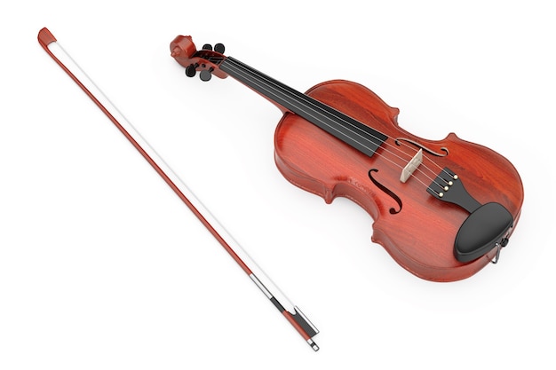 Violino de madeira clássico com arco em um fundo branco. renderização 3d