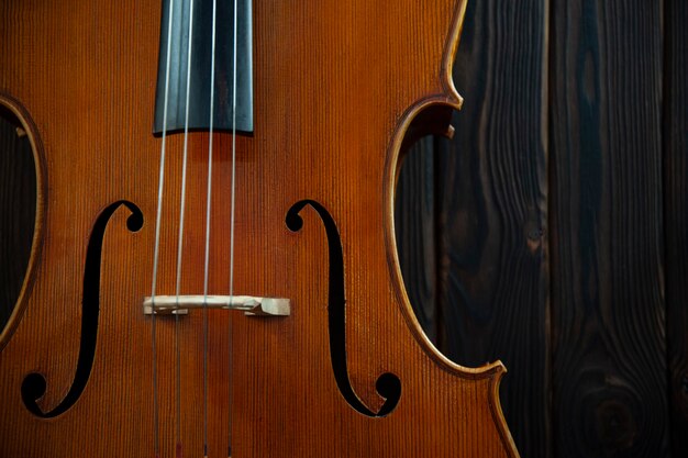 Foto violino de madeira com cordas de perto