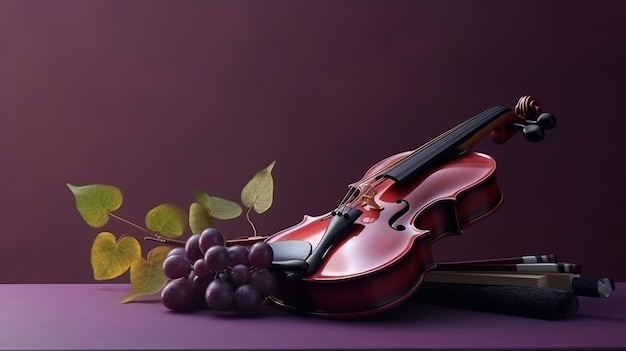 Foto violino e uvas em um fundo roxo ai generativo
