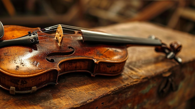 Foto violino em fundo de madeira