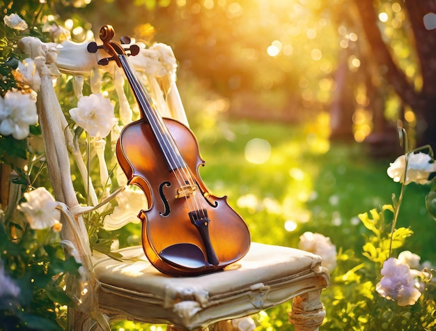 Foto violino numa cadeira antiga no jardim ensolarado