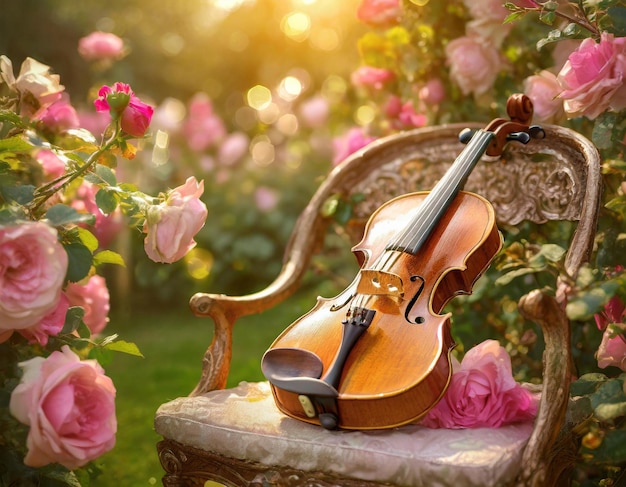 Foto violino numa cadeira antiga no lindo jardim de rosas em flor