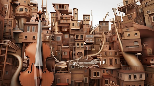 Violino Surreal na Pilha de Caixa Renderização 3D Impressionante para Seus Projetos Criativos