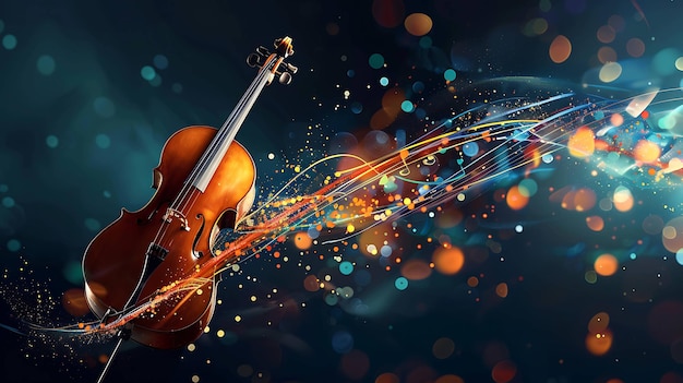 Un violonchelo con senderos de luz vibrante y bokeh detrás de él que simboliza la creación de la música