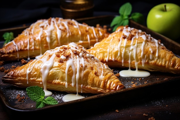 Virajes de manzana recién horneados en una sartén