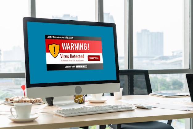 Foto virenwarnung auf dem computerbildschirm hat eine modische cyberbedrohung erkannt