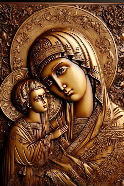 Virgem Santa Maria com o menino Jesus esculpida em retábulo de madeira