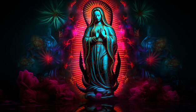 Virgen de Guadalupe luces de neón fondo oscuro