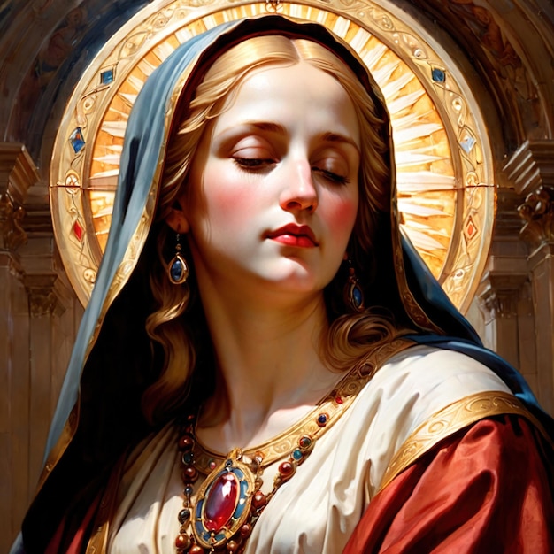 Foto virgen maría santa femenina con halo ilustración de iconografía religiosa cristiana