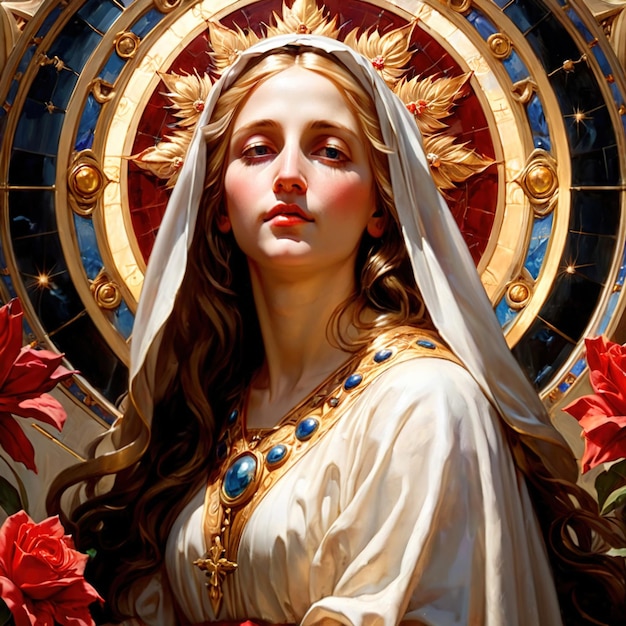 Virgen María santa femenina con halo Ilustración de iconografía religiosa cristiana