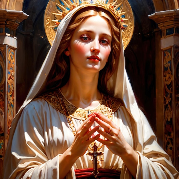 Virgen María santa femenina con halo Ilustración de iconografía religiosa cristiana