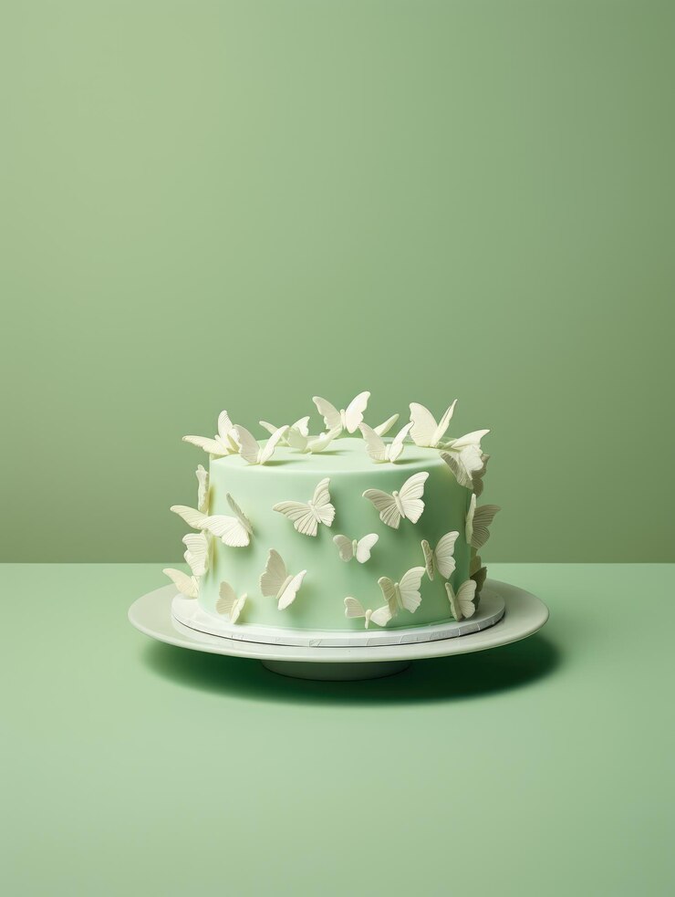 Viridis helados pastel en plato redondo con figuras de azúcar de mariposas vacaciones de primavera bodas cumpleaños tarjeta de felicitación estilo verde de lujo minimalista