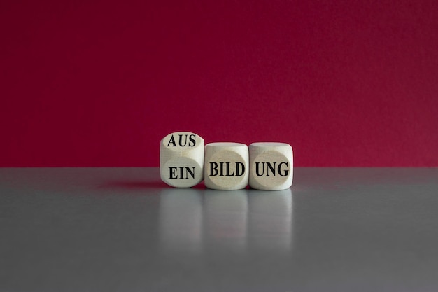 Foto virou um cubo de madeira e muda a palavra alemã einbildung presunçoso para ausbildung aprendizagem