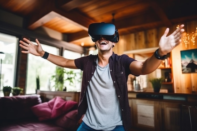 Virtual Reality-Abenteuer zu Hause Mann in Aktion mit VR-Headset