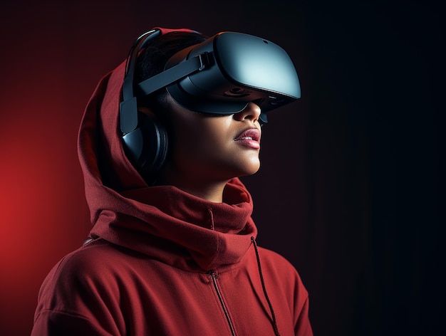 Virtual Reality Experience Mann eingetaucht in neonorange VR-Umgebung