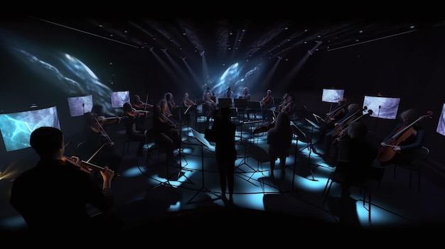 Virtual Symphony Ethereal Hologram Center con impresionantes efectos visuales RTX e iluminación cinematográfica para arte conceptual de conciertos