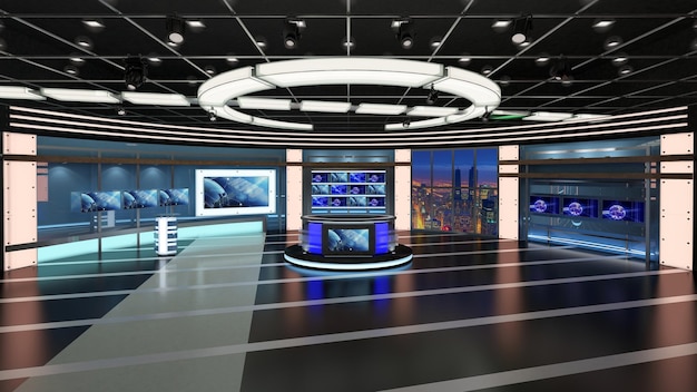 Virtual TV Studio Set Greenscreen-Hintergrund 3D-Rendering Virtuelles Set-Studio für Chroma-Aufnahmen